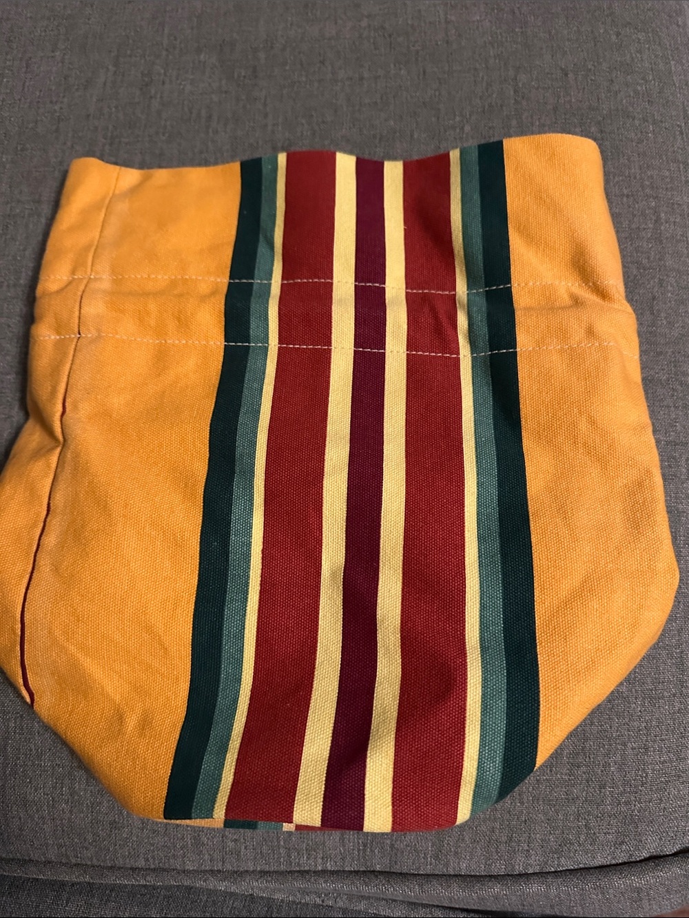 L'OCCITANE Red, Yellow & Burgundy Striped Drawstring Pouch Bucket Bag - Picture 3 of 9